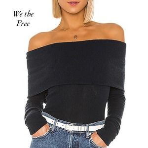 Free People Snowbunny Black Long Sleeve Off the Shoulder Sweater NWOT Size M